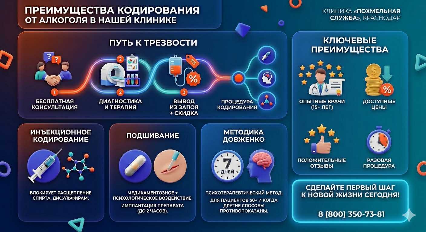 Инфографика о методах кодирования от алкоголя в Медногорске: инъекции, подшивание, метод Довженко. Преимущества клиники и этапы лечения.