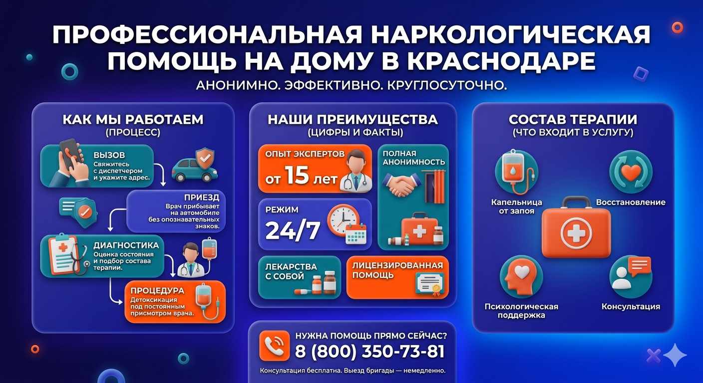 Инфографика о принципах лечения алкоголизма на дому в Медногорске: этапы вызова нарколога, преимущества анонимной детоксикации и состав медицинской помощи.